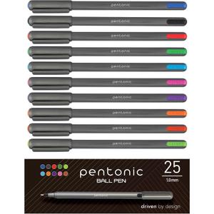Pentonic Ballpoint Pens, 25 Count, 10 Assorted Ink Colors, 1.0 mm Medium Point, Smooth Writing For Journaling & Note Taking (PEN12127)