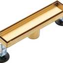 12 inch Linear Shower Drain with Removable Square Hole Panel by Using Brushed 304 Stainless Steel Process, Linear Drain Equipped with Adjustable Feet and Hair Strainer(Brushed Gold Color)