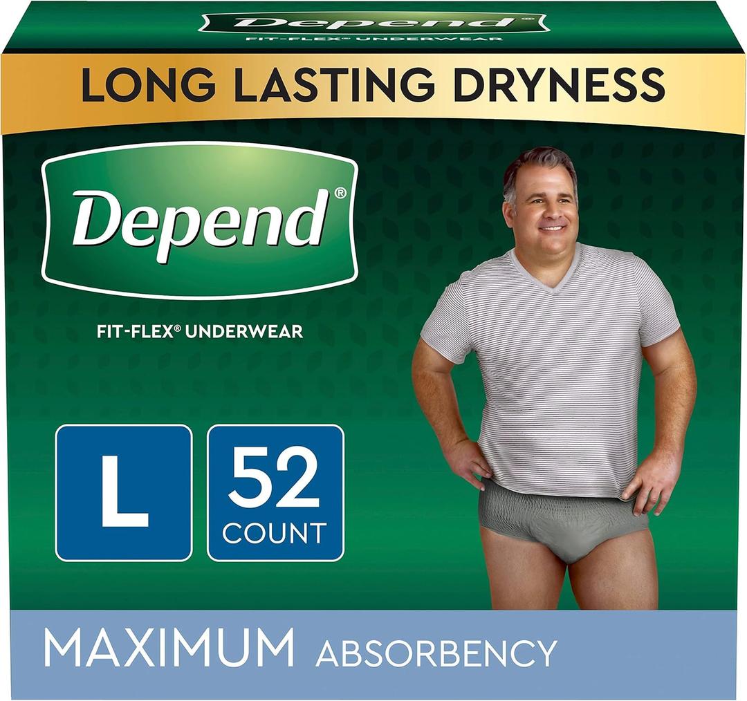 Depend FIT-FLEX Incontinence Underwear for Men, Maximum Absorbency, Disposable, Large, Grey, 52 Count (2 Packs of 26) (Packaging May Vary) Depend FIT-FLEX Incontinence Underwear for Men, Maximum Absorbency, Disposable, Large, Grey, 52 Count (2 Packs of 26) (Packaging May Vary)