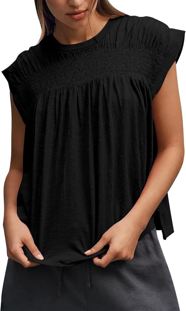 Smocked Pleated Blouse for Women Summer Ruffle Crewneck Cap Sleeve Shirts 2025 Trendy Solid Loose Fit Casual Tops (Large, Black)