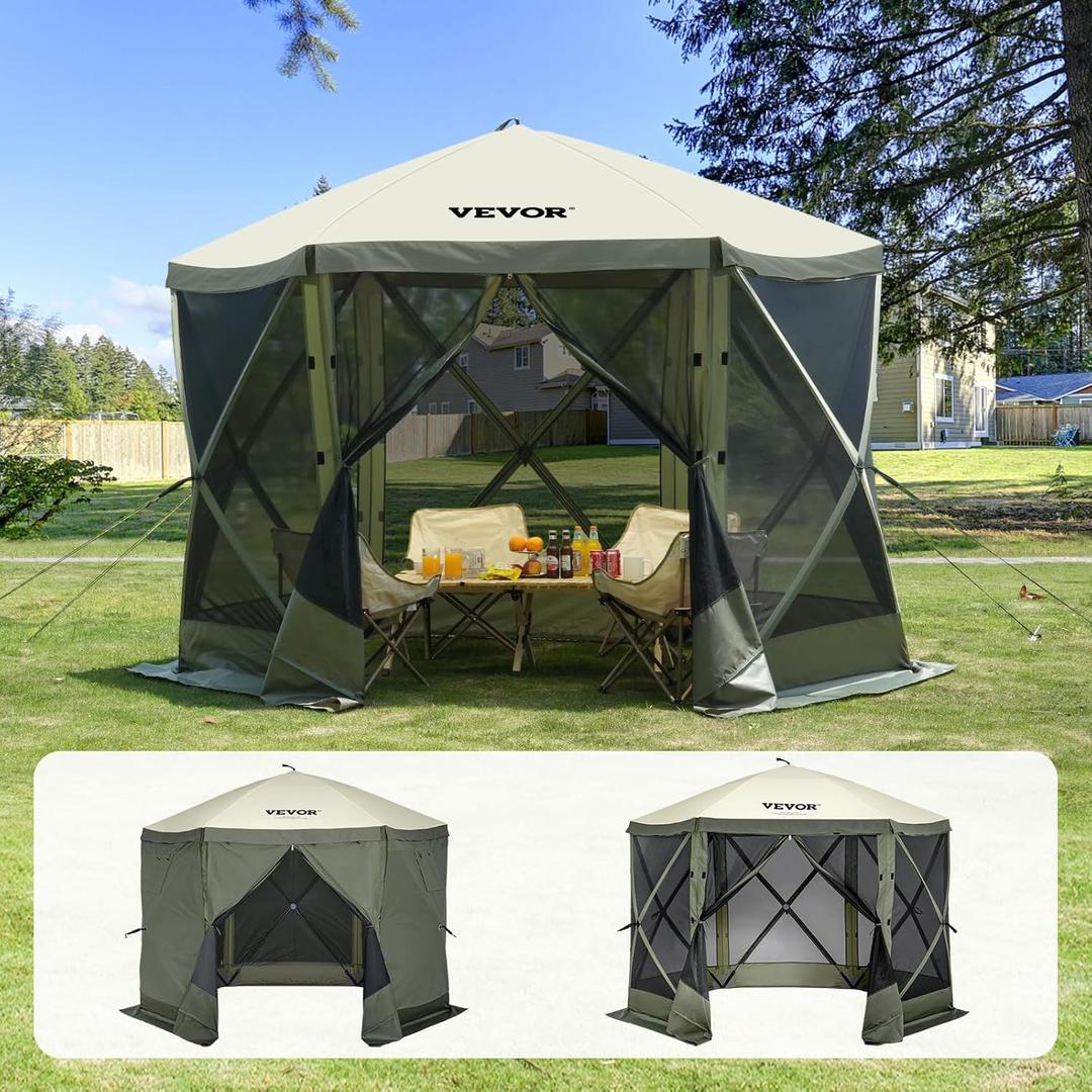 VEVOR Pop Up Gazebo Screen Tent 6 Sided Canopy Sun Shelter with 6 Removable Privacy Wind Cloths & Mesh Windows, 10x10FT Quick Set Screen Tent with Mosquito Netting, Army Green