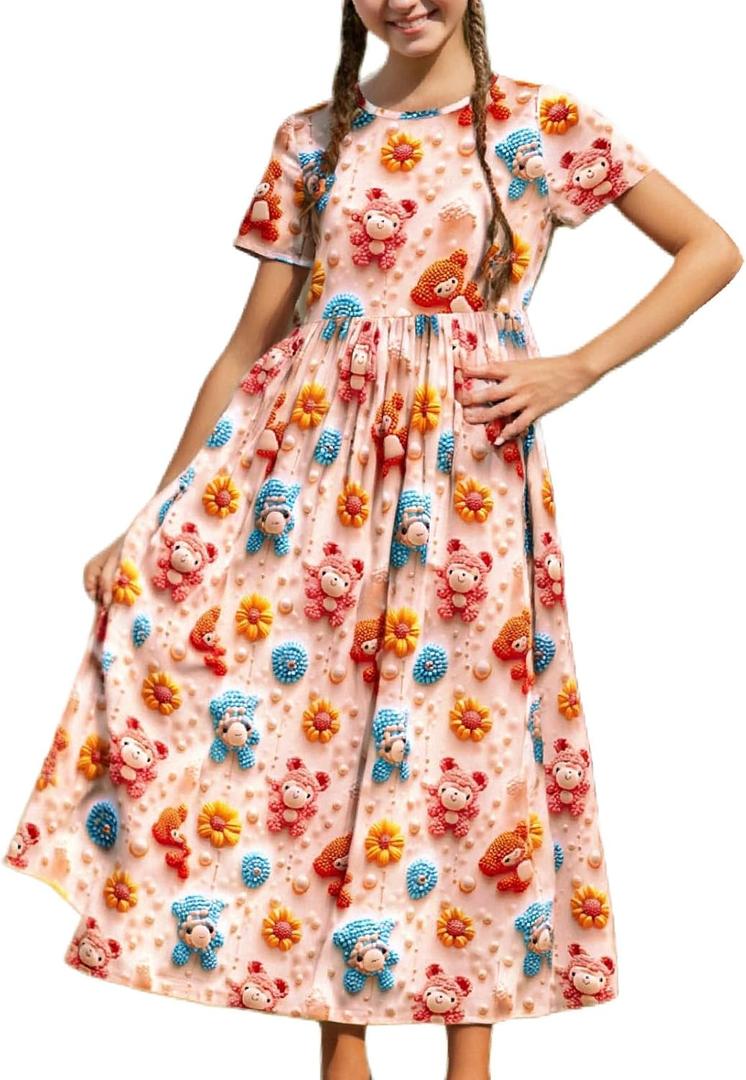 RONGTAI Girls 3D Dress for Girls Printed Short Sleeves Casual Summer Dresses with Pockets for 4-15Y Kids Outfits (Cartoon)