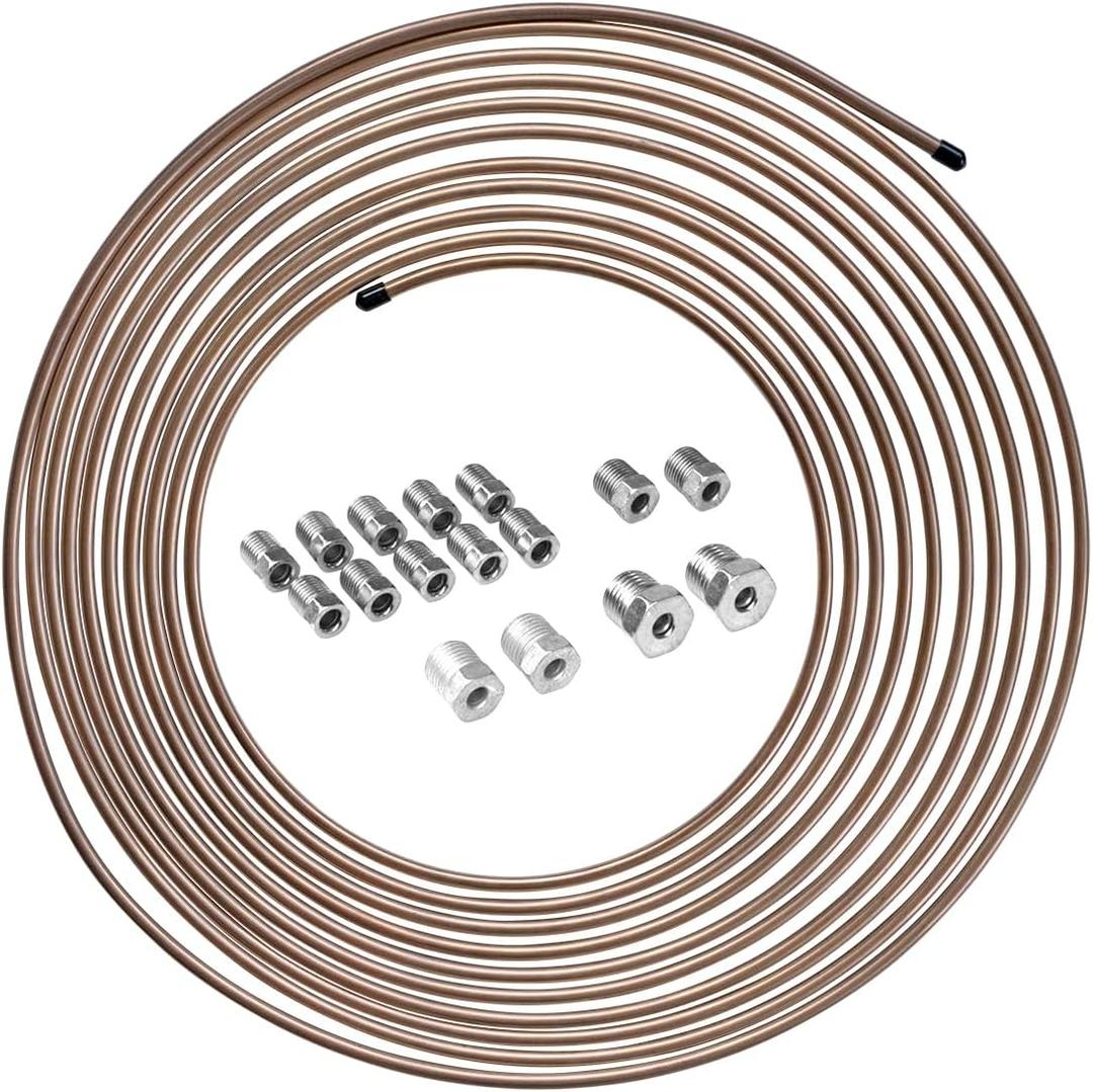 4LifetimeLines 3/16" x 25 ft Copper-Nickel Brake Line Replacement Kit  Inverted Flare Fittings Included, Hand-Bendable Tubing Coil, Corrosion Resistant, SAE & ISO Certified