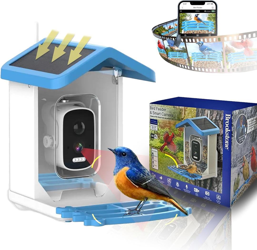 Brookstone Smart Bird Feeder with Camera - Solar Powered, 2K Ultra HD Live Stream, AI Bird Species Identification, Instant Alerts, Night Vision, Weatherproof Outdoor Feeder