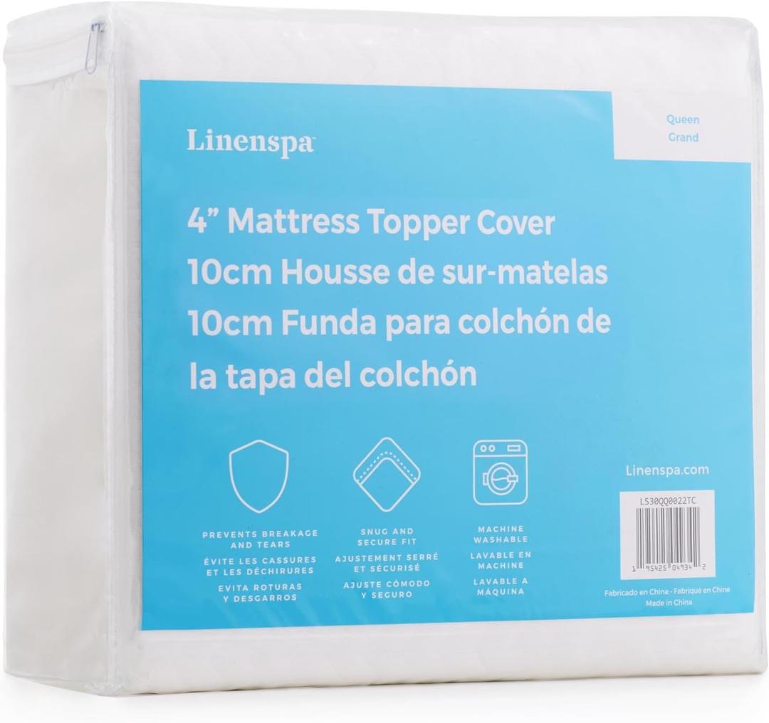 Linenspa 4 Inch Mattress Topper -Cover Twin Cover Only Machine Washable  Breathable  Non Slip Cover for Mattress Topper with Zipper  Topper -Cover Only, White