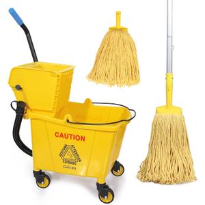 35-Qt Side Press Wringer Combo Commercial Floor Cleaning Rectangular Mop Bucket on Wheels, Yellow,Add One Commercial Mop and One Mop Head Replacement