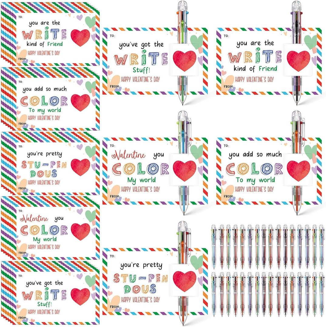 Sabary 32 Set Valentines Day Card and Multicolor Pen Gift Greeting Card and Retractable Multicolored Pen for Kids School Valentine's Day Student Classroom Exchange Gift Party Favor (Clear,6-in-1)