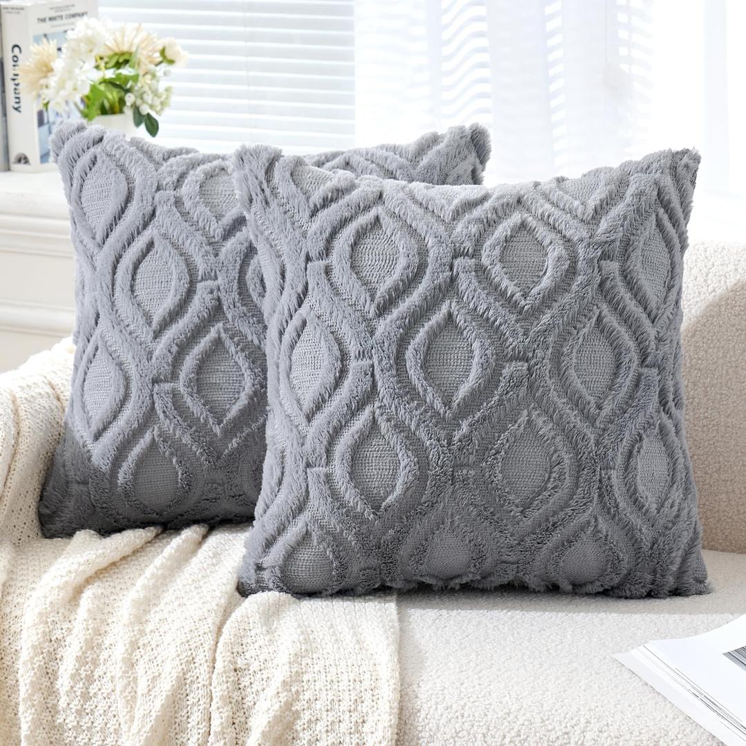 MIULEE Grey Blue Throw Pillow Covers 18x18 Inch, Soft Winter Plush Faux Wool Couch Pillow Covers Set of 2 Decorative Farmhouse Boho Throw Pillows for Sofa Living Room Bed