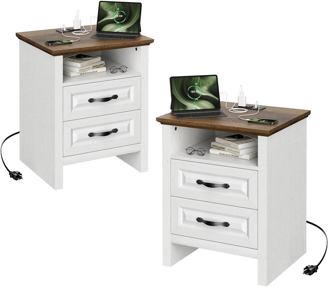 Marsail Nightstand Set of 2 for Bedroom, Night Stand with Charging Station, Bedside Table with 2 Drawers & Open Shelf, Farmhouse End Table Storage Cabinet, Wood White (Brown)