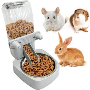 54 oz Rabbit Food Dispenser with Stainless Steel Food Bowl Hanging Gravity Bunny Feeder for Cage Automatic Small Animal Feeding Bowls for Ferret Guinea Pig Chinchilla Cat Puppy (Grey)