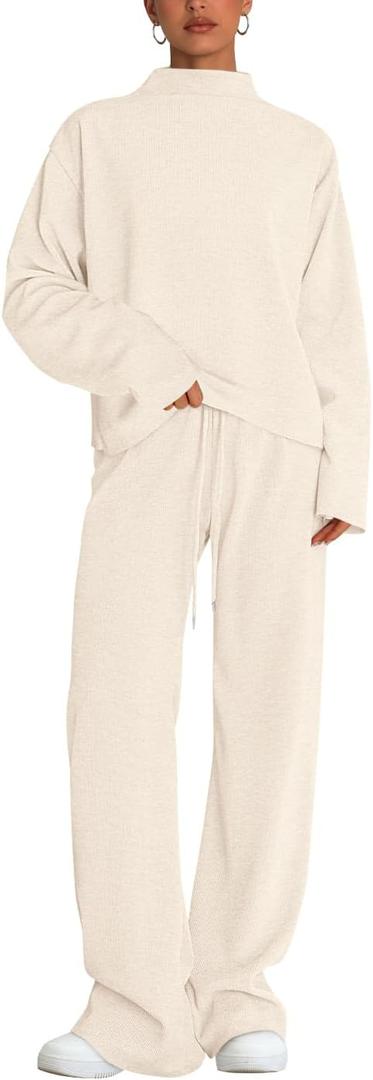 PRETTYGARDEN Women Spring Sweatsuits Two Piece Sets Mock Neck Long Sleeve Knit Tops Wide Leg Pants Lounge Set Travel Outfits (Large, Beige White)