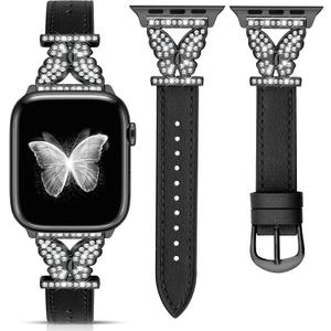 JR.DM Leather Watch Bands for Women Compatible with Apple Watch 38mm 40mm 41mm 42mm (S10) with Starlight Bling Butterfly Connector Slim Leather Strap for iWatch Series 11/10/9/8/7/6/5/4/3/2/1/SE
