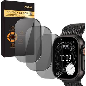 Ailun for Apple Watch Ultra 3/Ultra 2/Ultra Privacy Screen Protector [49mm], Tempered Glass Film, Anti-Scratch, High Definition, Touch Sensitive[3 Pack][Black]