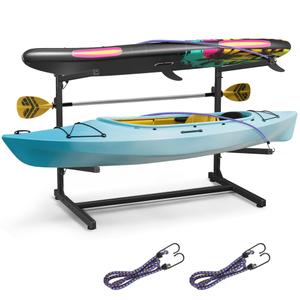FuzzlyCo Kayak Storage Rack, Heavy Duty Freestanding Kayak Racks for Garage and Outdoor Storage, Storage Rack Adjustable for Kayak, Canoe, Surfboard & Paddle board (2 Levels for 4 Kayaks)
