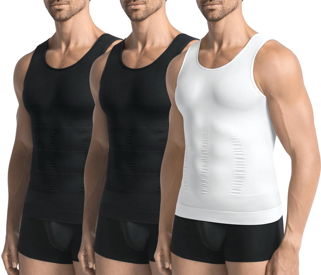 3 Pack Compression Shirt Men Slimming Body Shaper Tummy Control Vest Workout Tank Top Shapewear, Large