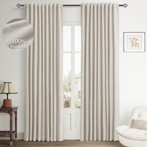 Hokibero Greyish Beige Linen Blackout Curtains 84 Inch Length 2 Panels Set for Bedroom Back Tab Pleated Look for Living Room Darkening Curtains Thermal Insulated Black Out Window Drapes Light Taupe