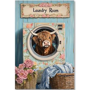 Highland Cow Laundry Room Canvas Wall Art,Funny Bathroom Pictures Wall Decor Rustic Laundry Sign Canvas Print Poster,Modern Home Artwork Decorations for Hotel Laundromat,16"x24" Unframed