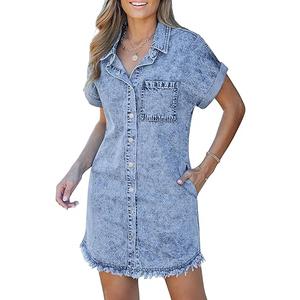 luvamia Denim Dress for Women Button Down Short Sleeves Casual Summer Jean Shirt Dresses with Pockets Frayed Hem XL
