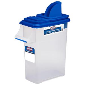 Buddeez Kingsford Pellet Dispenser with Flip Spout - Stackable Storage Bin for Wood and Grill Use - Clear Body with Blue Lid - 1 Count
