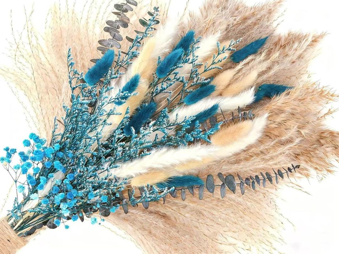 Blue Pampas Grass Bouquet Blue Dried Baby's Breath, Pampas Grass and Eucalyptus Stems, Dried Flower Arrangements for Boho Decor, Rustic Flowers for Home Decor, Bedroom, and Wedding, Table Decor
