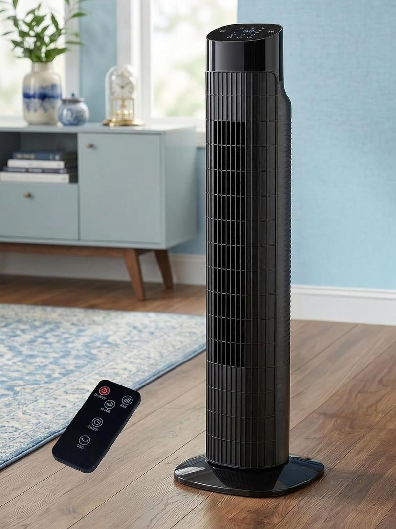 Uthfy 31 Inch Tower Fan for Bedroom, 120° Oscillating Quiet Standing Bladeless Fan With Remote, 7.5H Timer, 3 Speeds, 3 Modes, for Room, Dorm, Office, Black