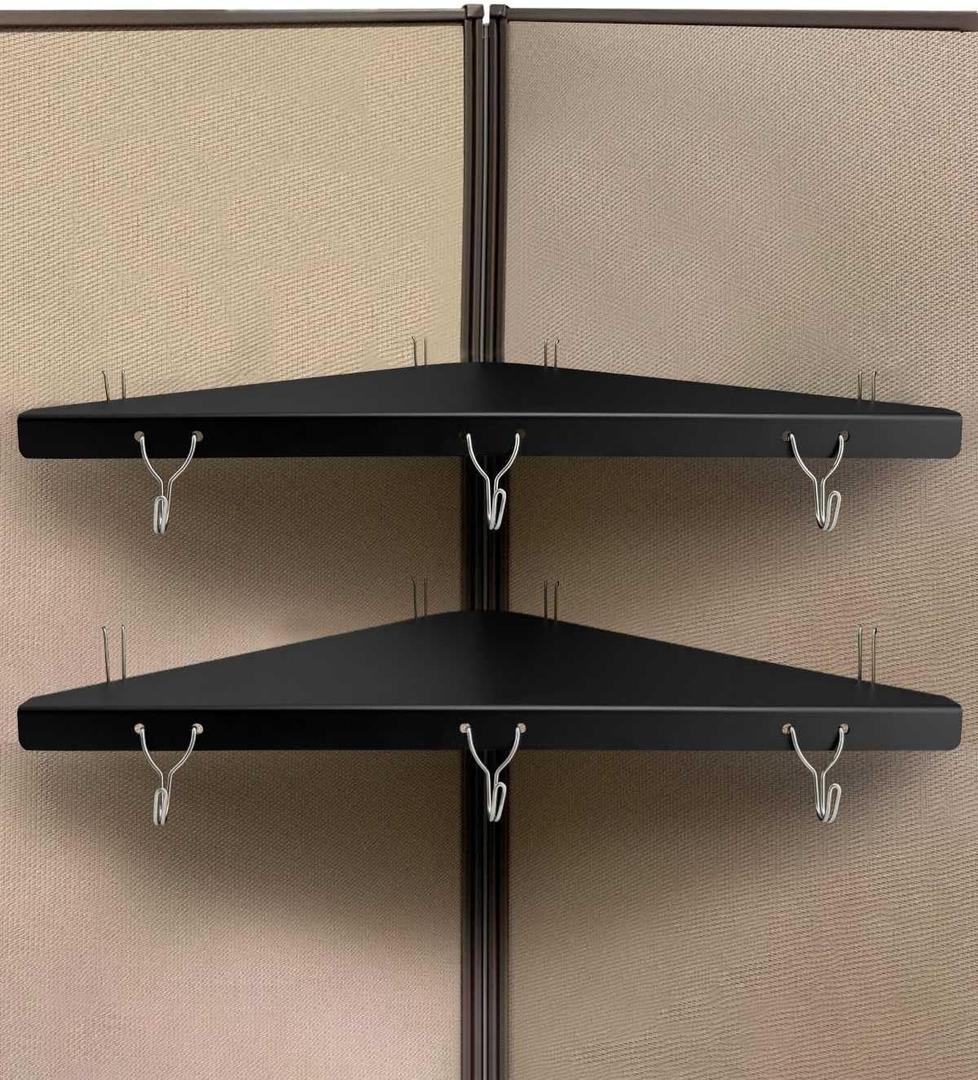 Metal Cubicle Corner Shelf with 3 Hooks for Office Fabric Walls, Hanging Organizer Shelves for Keys and Office Supplies, Space Saving Black Storage Shelf (2 Packs)