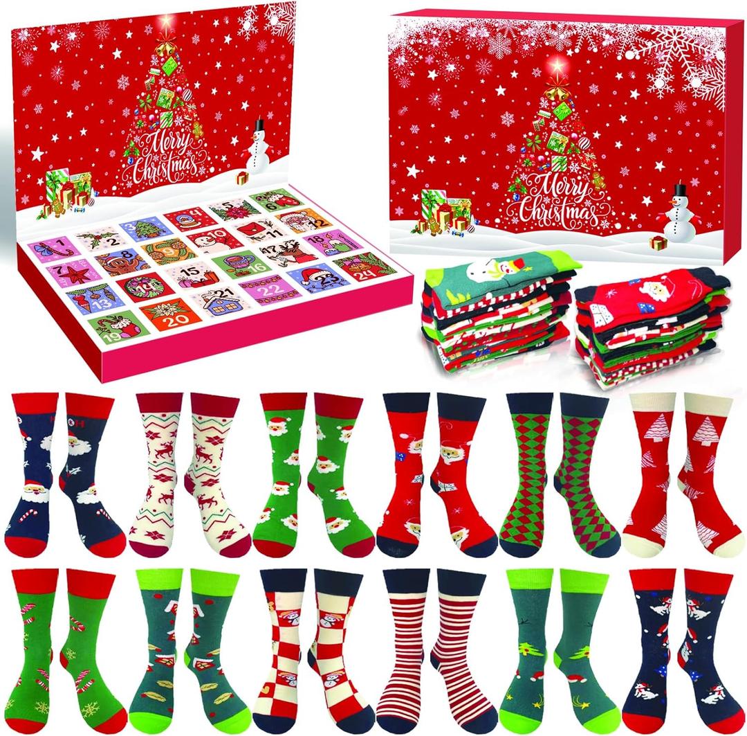12Pairs Christmas Women Sock Advent Calendar 2025 Unisex Socks 24 Days Countdown Calendar Warm Cotton Crew Xmas Socks Party Gifts for Kids Adults Women Men Teens