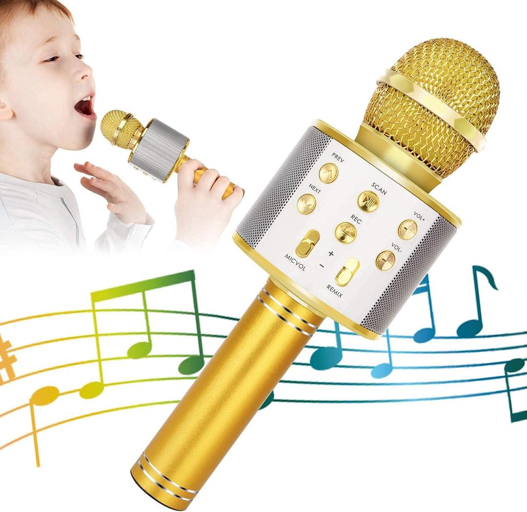 KIDWILL Wireless Bluetooth Karaoke Microphone for Kids, 5-in-1 Portable Handheld Karaoke Mic Speaker Player Recorder with Adjustable Remix FM Radio for Kids Girls Boys Teens Birthday (Gold)