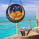 Stained Glass Window Hanging - Orange Moon Sleeping Cat Sun Catcher for Door Home Decor Blue Starry Sky Suncatcher Christmas Mother's Day Birthday Gifts for Women Men Mom Nana 6.3 in