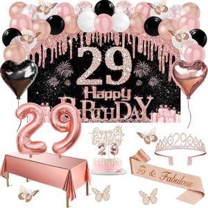 29th Birthday Decorations for Women, 49pcs Black Rose Gold Black Happy 29th Birthday Banner, Tablecloth, Butterfly Decor, Sash and Tiara, Cake Topper, Candles, Balloons Arch