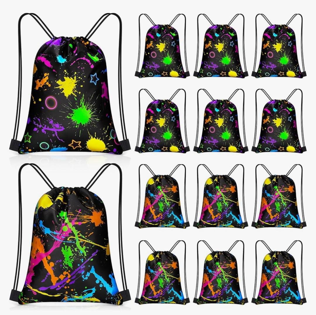 Yiyiring 30 Pcs Glow in the Dark Gift Bags Neon Treat Drawstring Bags for Glow Party Supplies Birthday Travel Camping Decor(Neon Party)