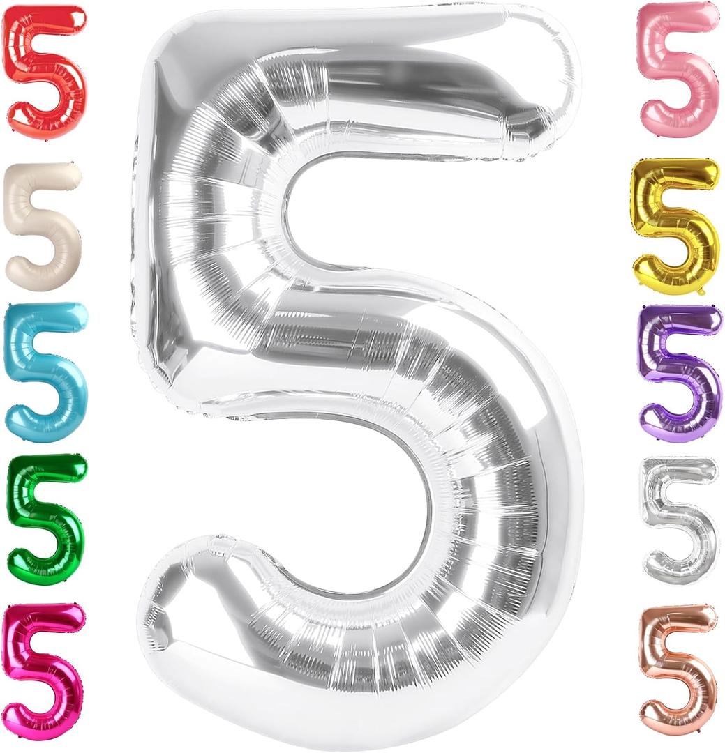Balloon Numbers 40 Inch 5 Ballon for 5th Birthday Decorations, 15 25 35 50 Big Silver Number Balloons for Wedding Photo Shoot Party Decor