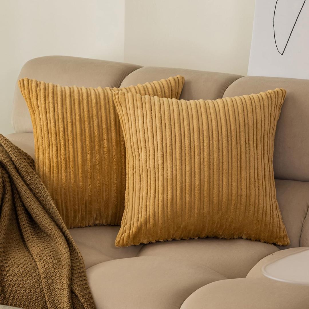 Kevin Textile Euro Sham Striped Corduroy Textured Velvet European Throw Pillowcase for Couch, 22 x 22 inch (55cm), 2 Pack, Khaki
