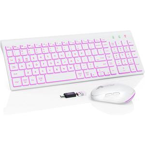 SABLUTE Wireless Keyboard and Mouse Combo Backlit - Compact Quiet Keyboard with RGB Mouse, Rechargeable, Slim, Sleep Mode, Portable Cordless Keyboard Mouse Set for Mac, Windows, Laptop (Polar White)