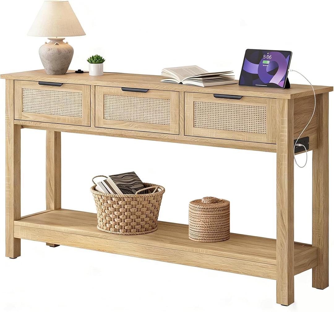Luoxiao Natural Entryway Table with Power Outlets & USB-C, Boho Rattan Console Sofa Table with 3 Drawers, Narrow Sofa Table Behind Couch, Foyer Hallway Storage Table with Shelf, Anti-Tip, 47 Inch