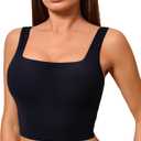 Oalka Women's Square Neck Sports Bra Longline Padded Cropped Yoga Tank Workout Top Camisole Black, L