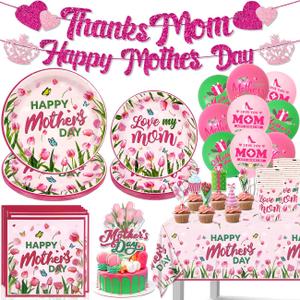 Mothers Day Decorations Happy Mothers Tableware Sets Include Thanks Mom Happy Mothers Day Banners Plates Napkins Tablecloth Cake Topper Balloons for Birthday Mother's Day Party Supplies Serve 20
