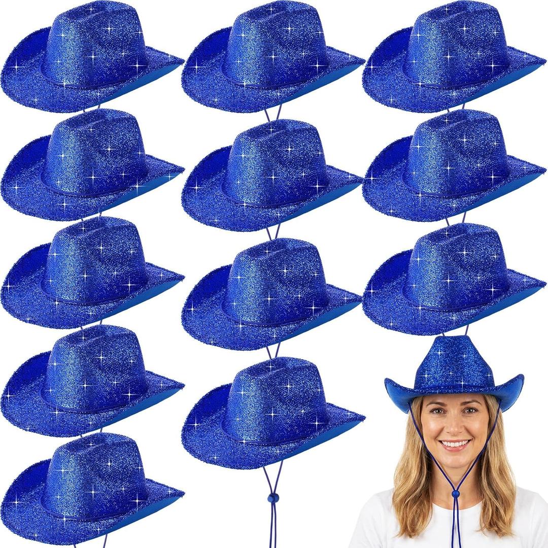Coume 12 Pcs Cowboy Hat Sparkly Glitter Neon Cowgirl Hat for Women Holographic Space Cap for Bachelor Western Cowboy Party (Blue)