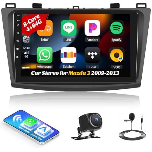 4+64G 8-Core Android 13 Car Stereo for Mazda 3 2009-2013 with Wireless CarPlay Android Auto, 9'' IPS Touchscreen GPS Navigation with WiFi Mirror Link Bluetooth FM RDS DSP 32EQ SWC Backup Camera