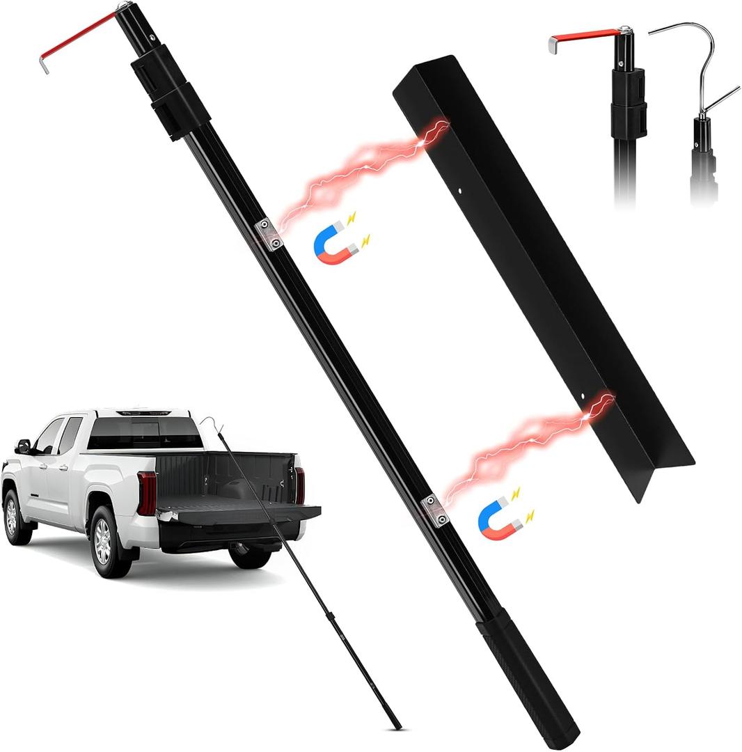 6.9 Ft Magnetically Mounted Truck Cargo Grabber Reach Retriever Tool with Two Hooks, Upgraded Extendable Telescoping Pickup Truck Bed Retriever Tool Magnetic Heavy Duty Truck Bed Accessories