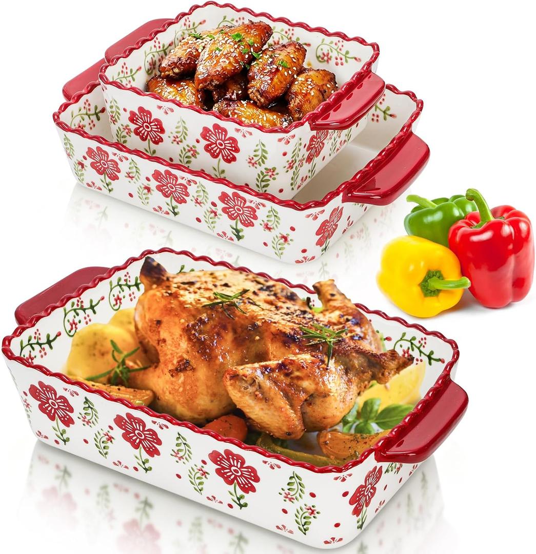 Coloch 2 Pack Ceramic Baking Dishes, Rectangular Bakeware Set Hand-painted Lasagna Pan Porcelain Serving Bakeware for Pasta, Chicken, Kitchen, Banquet, Microwave, and Dishwasher Safe