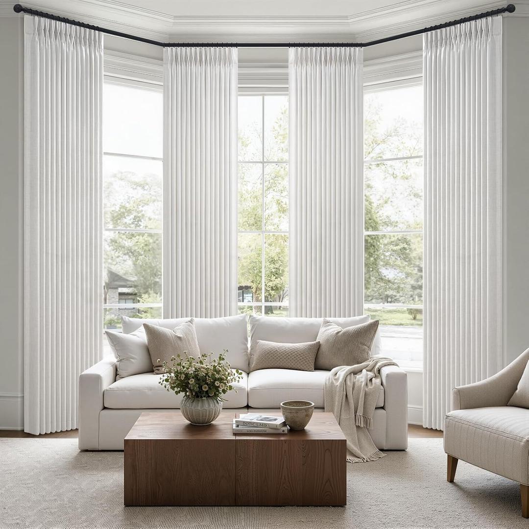 Beige White 102 Inch Extra Long Curtains for Sliding Glass Doors, Memory Shape Pleated Natural Linen Semi Sheer Light Filtering Privacy Boho Bedroom High Ceiling Windows Curtain & Drapes 4 Panels Set