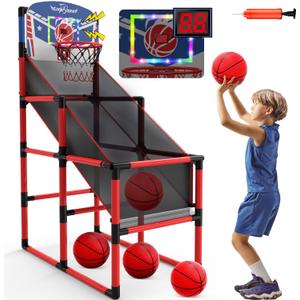 EagleStone 63IN Kids Arcade Basketball Hoop Indoor, LED Scoreboard Basketball Arcade Game Set for Outdoor with Cheer Sounds, Kids Basketball Toys for Boys Girls Age 3-5 5-7 4-8 (Red-led Light)