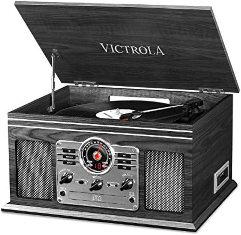 Victrola The Quincy 6-in-1 Bluetooth Record Player & Multimedia Center with Built-in Speakers  3-Speed Turntable, CD & Cassette Player, AM/FM Radio, Wireless Music Streaming (Grey Wood)