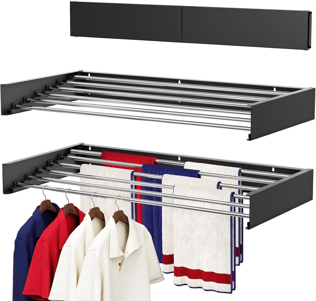 Wall Mounted Drying Rack 40", Foldable Laundry Drying Rack with Stainless Steel Rods, Retractable Laundry Space Saver for Indoor & Outdoor Use, Include Wall Template, 40" Wide