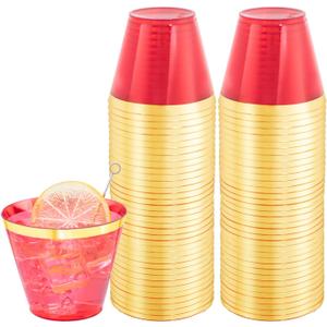 LUODA 150 PCS Red Plastic Cups, 9oz Clear Red Disposable Cups with Gold Rim, Old Fashioned Tumblers Gold Rimmed Plastic Cups for Any Occasion: Parties&Birthday