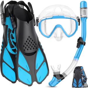 Ubekezele Snorkeling Gear for Adults Men Women, 4 in 1 Snorkel Set with Panoramic View Diving Mask Anti-Fog Anti-Leak, Dry Top Snorkel, Fins and Travel Bag for Swimming, Snorkeling and Travel Diving
(Small-Medium, Transparent Bule)