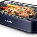 Indoor Grill CUSIMAX Electric Smokeless Grill Portable Korean BBQ Grill with Turbo Smoke Extractor Technology, Non-stick Removable Plate, Tempered Glass Lid, Great for Party(Single Plate) (Blue)