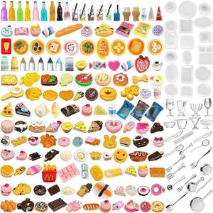 Diinokiy 200Pcs Dollhouse Miniature Food Drinks Bottle Cooking Toys Kitchen Accessories Mini Play Fake Resin Pretend Game Party Tableware Bread Cake Ice Cream 1/12 Doll House Landscape