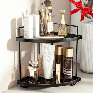 2-Tier Bathroom Counter Organizer, Corner Bathroom Organizer Countertop, Black Vanity Tray Counter Corner Shelf, Corner Organizer for Skincare Makeup Kitchen Storage, 8.2''L x 8.2''W x 11.2''H
